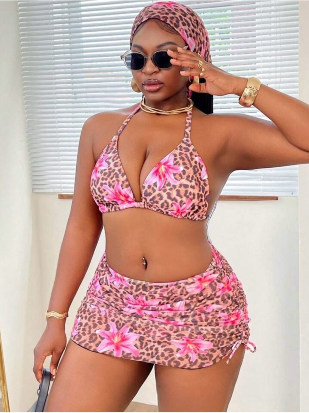 SHEIN Pink Leopard Floral Halter Bikini Set with Skirt